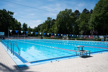 Das Bild zeugt ein Freibadbecken mit Startblock. Im Hintergrund ist eine Wiese mit Bäumen (verweist auf: Badewesen-Kongress: Laufende Projekte zu Sportanlagen-Daten vorgestellt)