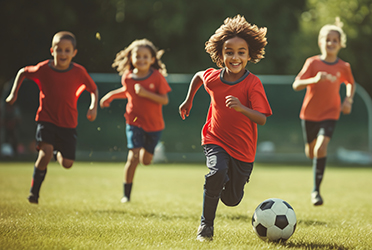  Das Foto zeigt vier Kinder frontal und lächelnd beim Fußballtraining. Das Training findet draußen auf einem Rasen statt. Im Vordergrund befindet sich ein Fußball. Im Hintergrund befindet sich ein Fußballtor. (verweist auf: Beirat „Umwelt und Sport“ veröf­fent­licht Posi­tions­papier „Nach­hal­tiger Sport 2030“)